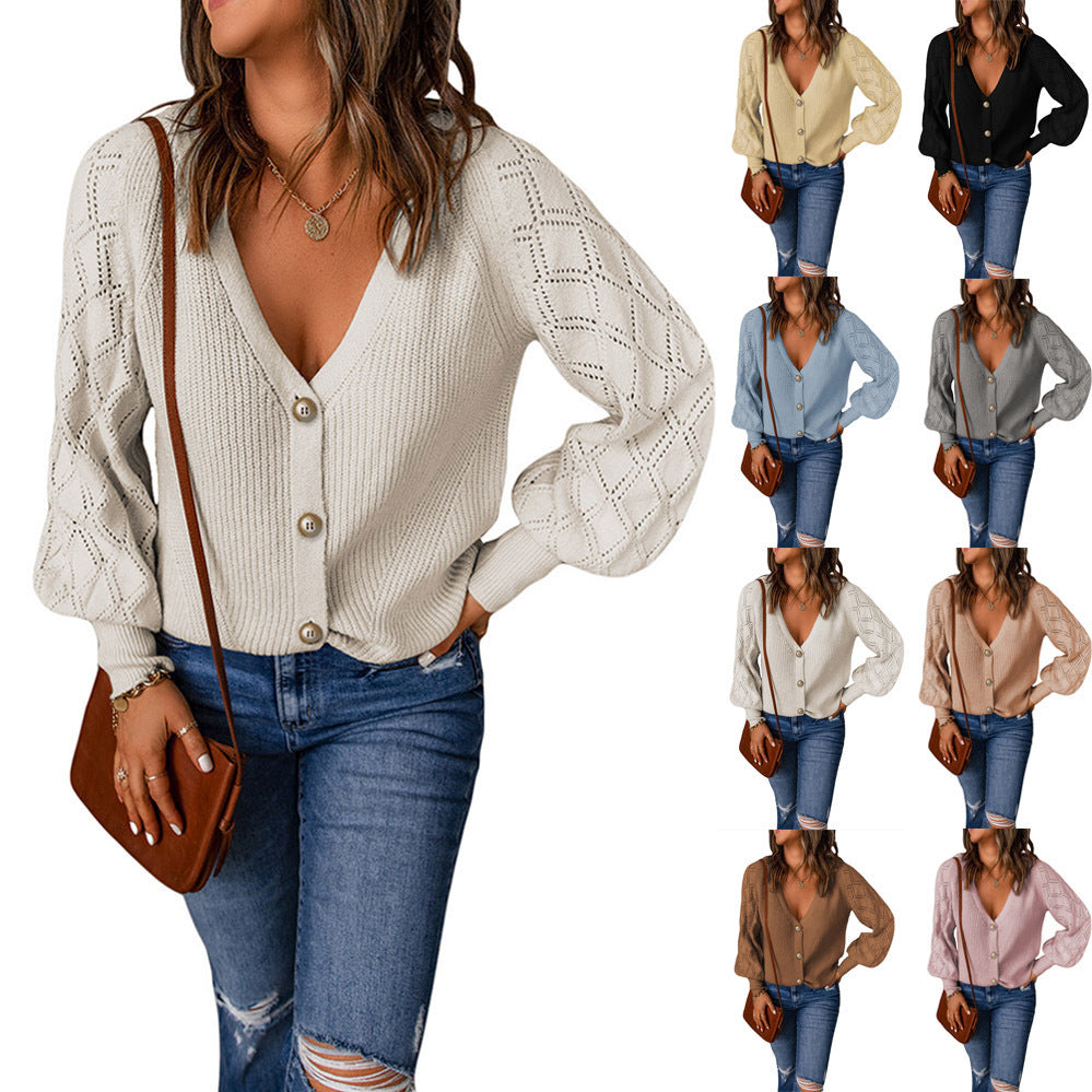 Damen Strickjacke mit V-Ausschnitt und Puffärmeln GR