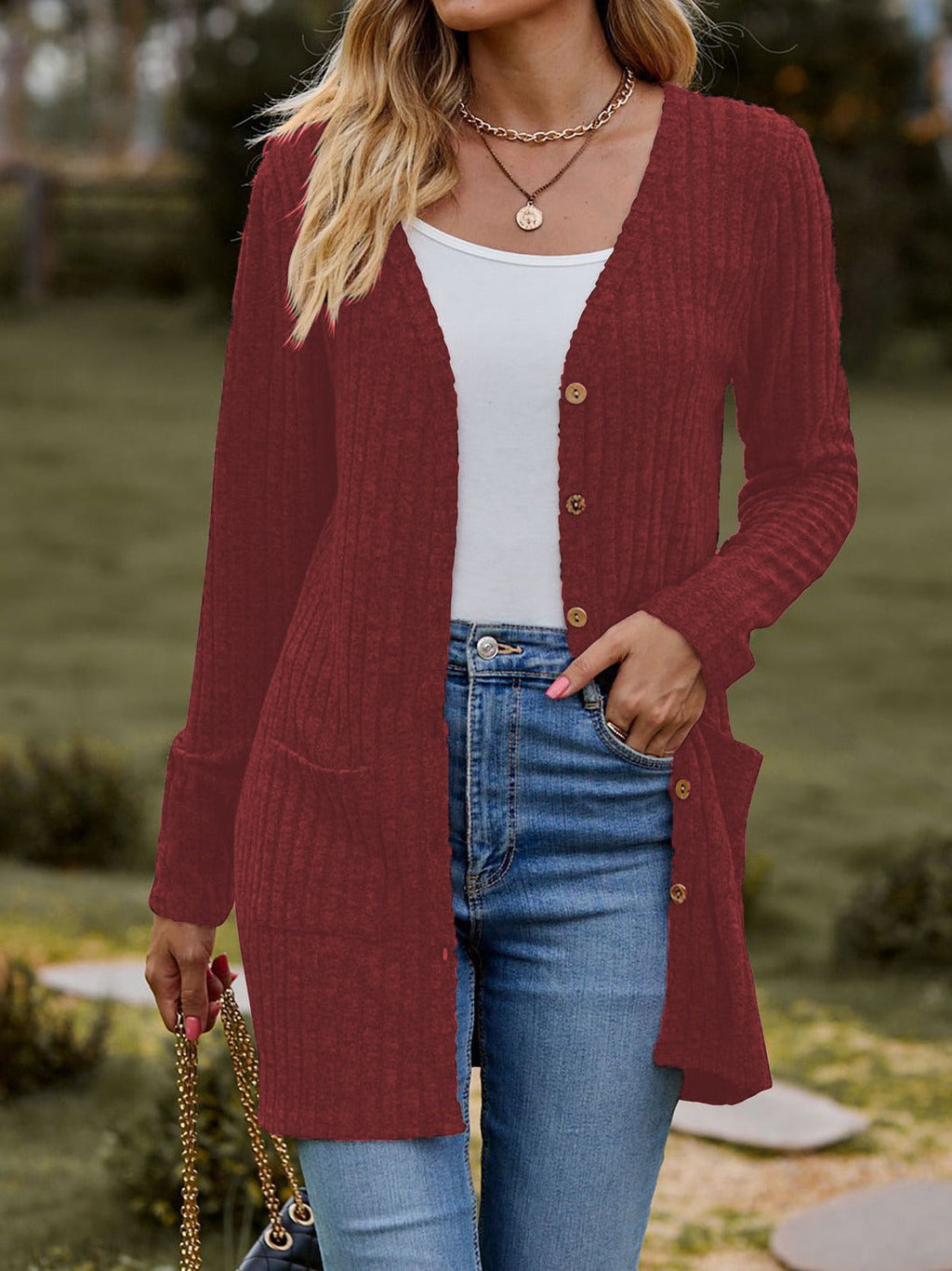 Women's cardigan with elegant rib pattern and practical pockets, size