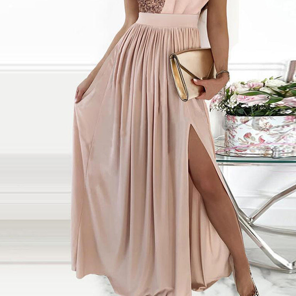Women's elegant evening dress with asymmetrical top and shimmering skirt, size