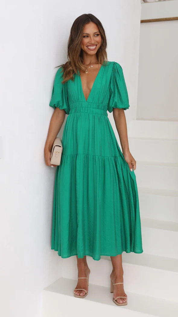 GR | Lässige Trends Sommer V-Ausschnitt Figurbetont Taillenkleid Midilänge