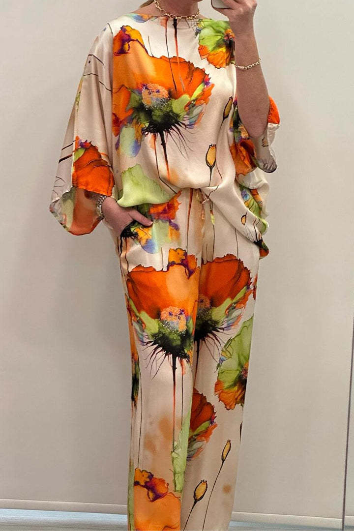 GR | Elegant satin one-shoulder printed loose set 