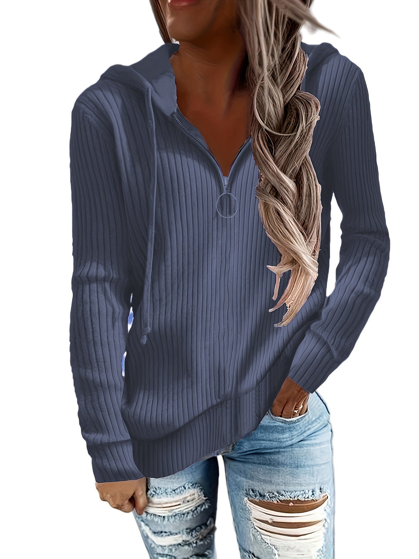 Women's hooded sweatshirt in an elegant ribbed design with a practical zipper, size [size missing]