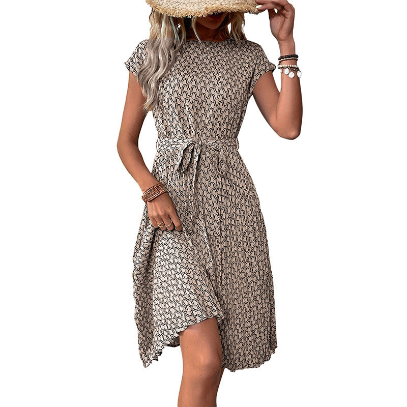 Women's midi dress with asymmetrical cut and fashionable tie belt, size
