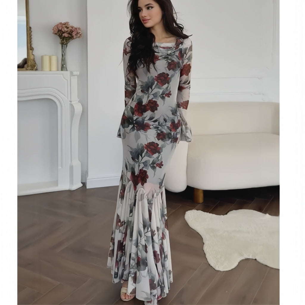 GR | Floral Pattern Long Sleeve Long Skirt Dress