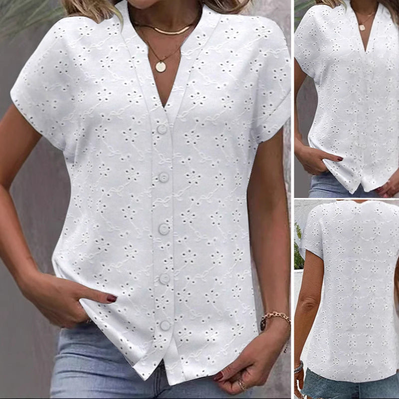 Damen luftige Bluse mit floralen Lochstickereien und durchgehender Knopfleiste GR