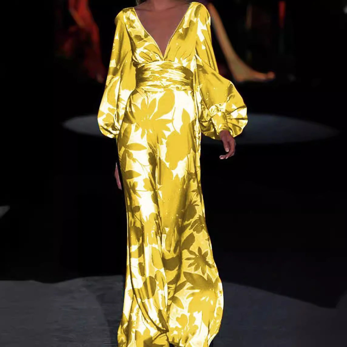 Women's Elegant Maxi Jumpsuit with Floral Patterns and Deep V-Neck Size