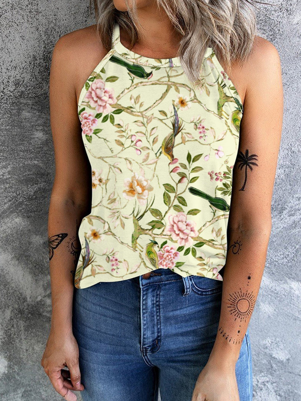 GR | Vintage Floral Plant Pattern Slim Fit Tank Top