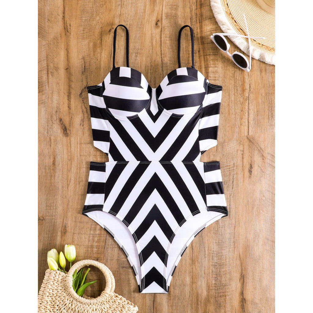 Women's evening dress with a sophisticated wrap design and striped top, size