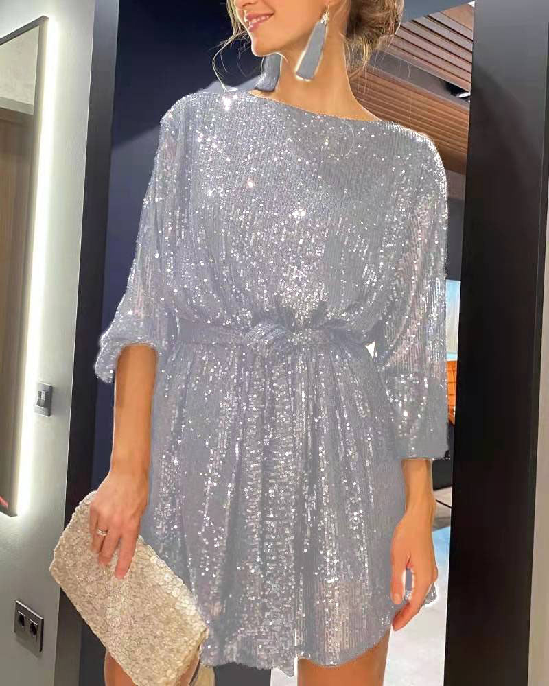 GR | Urlaubsfestmode Pailletten Taillengürtel Kleid