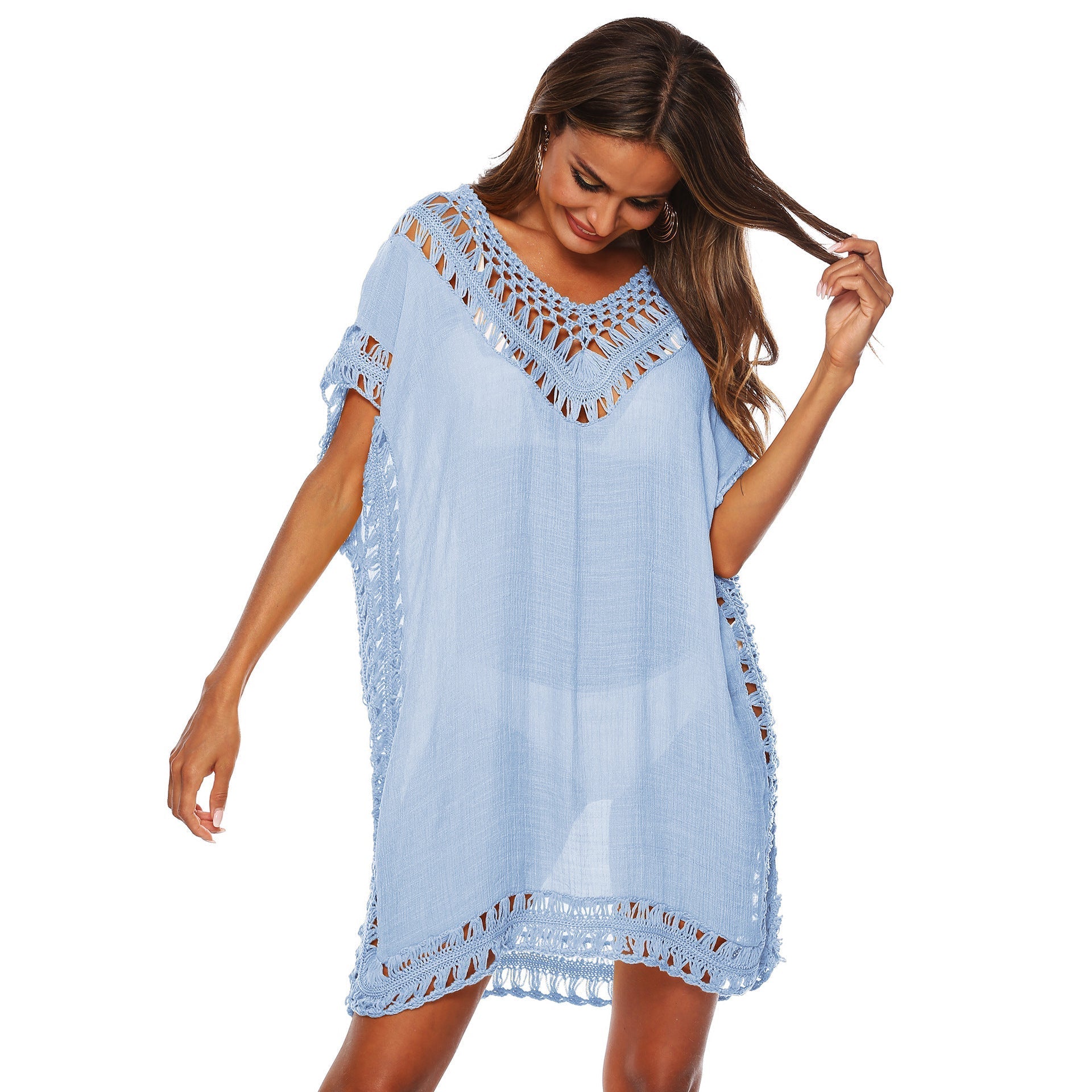 Women's beach tunic with artistic crochet embellishments, size GR