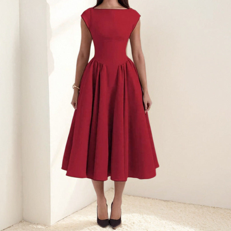 Women's elegant midi dress with fitted bodice and flowing skirt, size