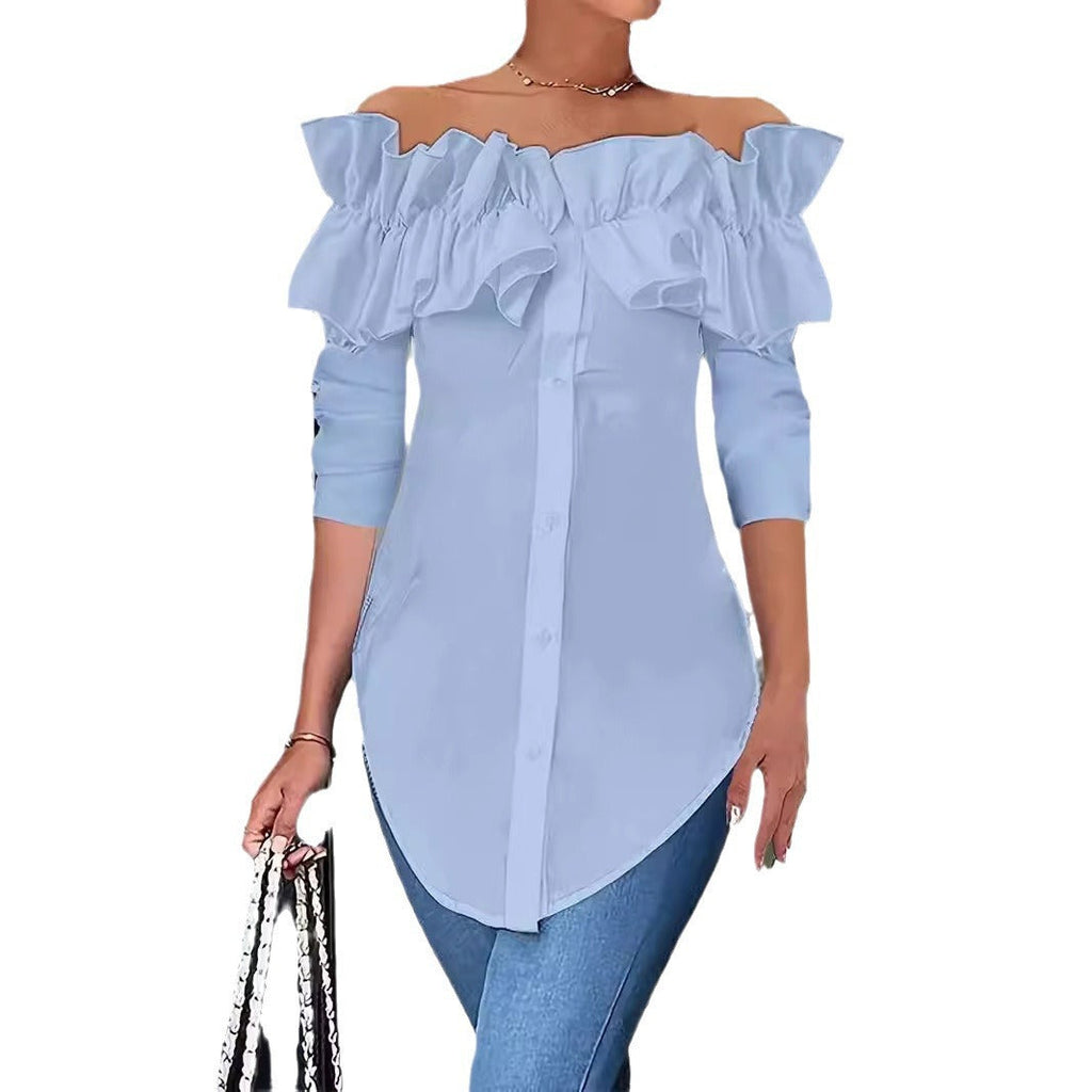 Damen Bluse mit schulterfreiem Design und voluminösen Rüschendetails GR
