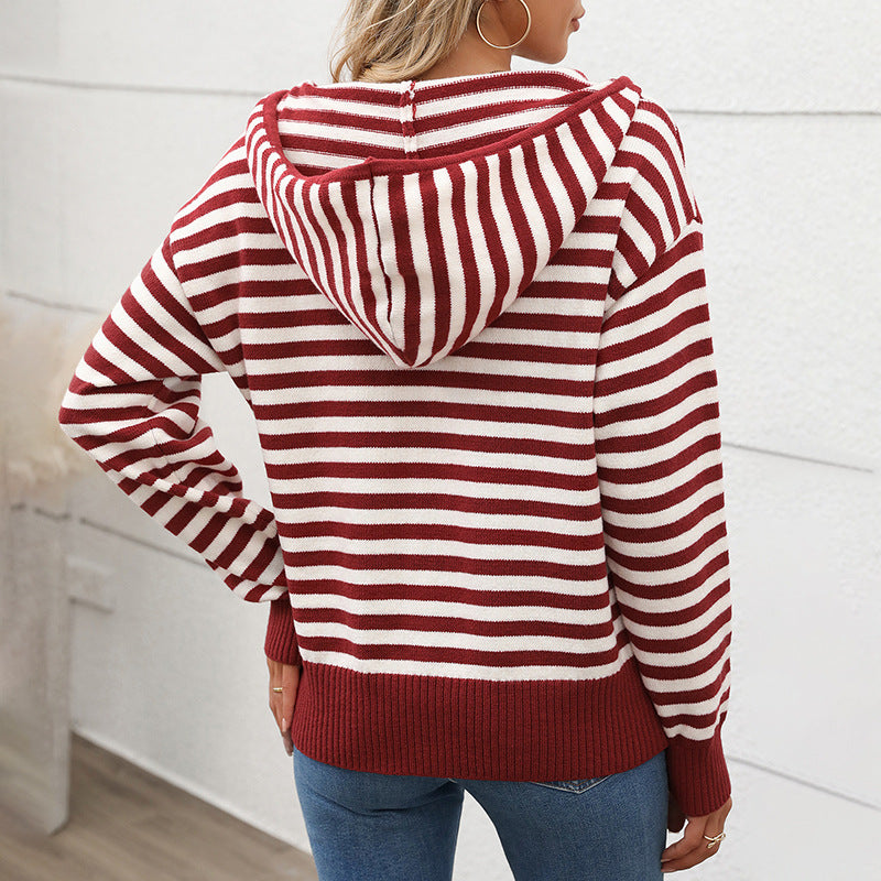 Damen gemütlicher Strickpullover mit modischem Reißverschluss und Streifenmuster GR