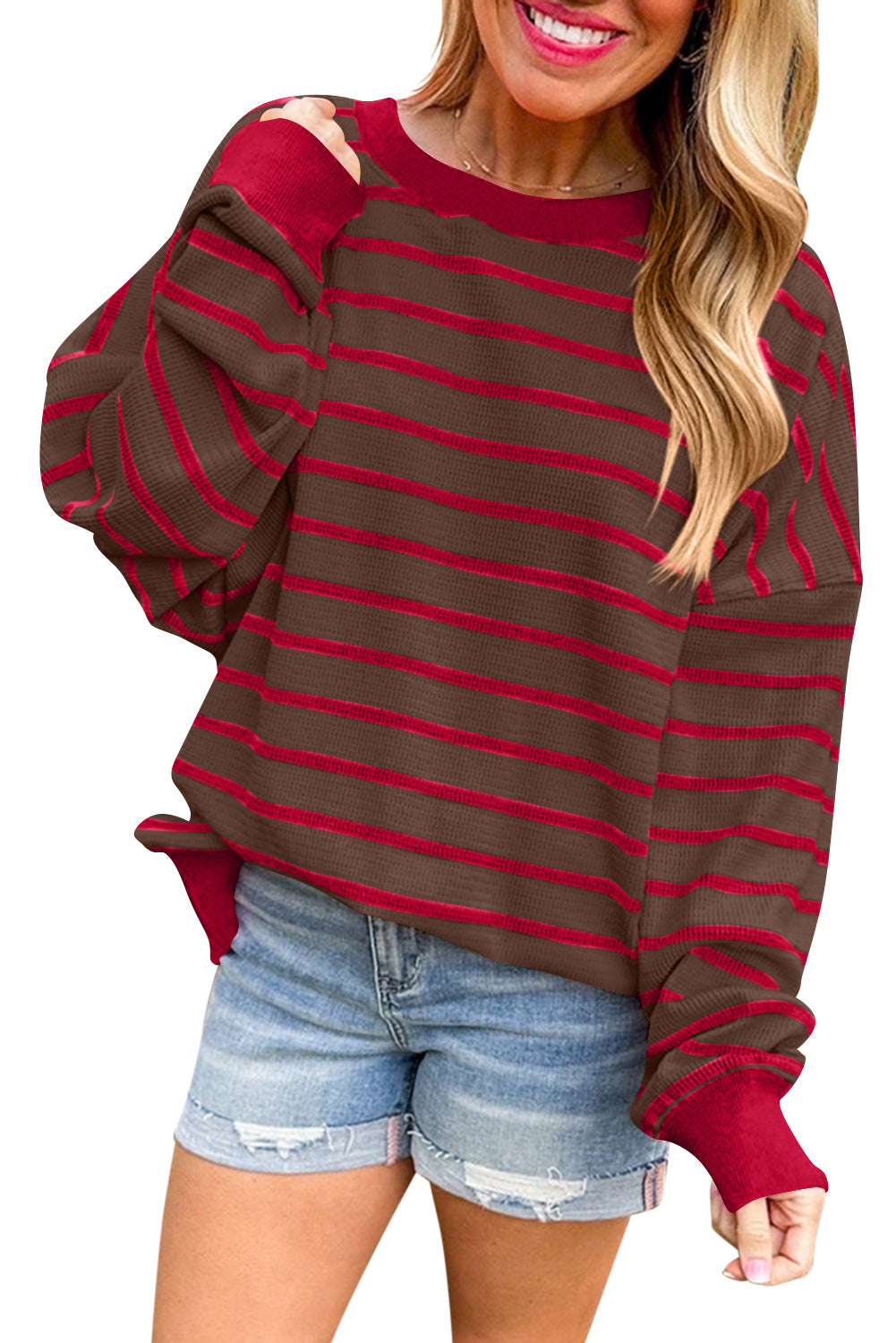 Damen lässiger und bequemer Pullover mit strukturiertem Rippenmuster und weitem Schnitt GR
