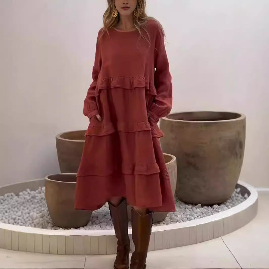 GR | Rüschengerundhalslangärmeliges Kleid