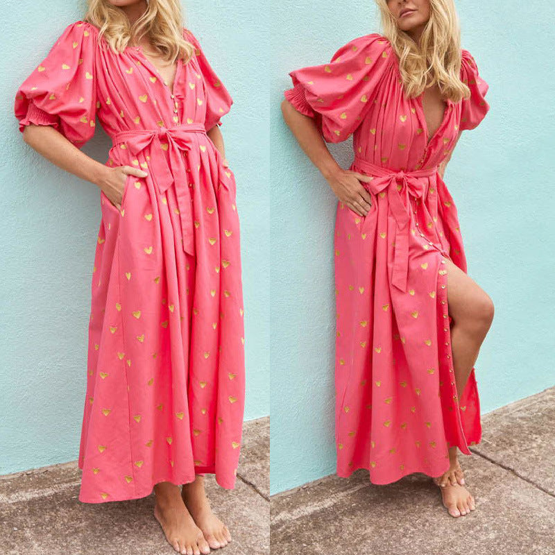Damen Sommerkleid mit Puffärmeln und goldenen Details GR