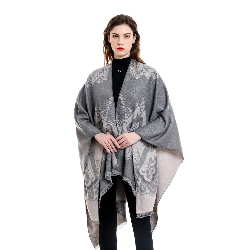 Women's Elegant Kimono Poncho with Artful Pattern and Fringed Edges GR