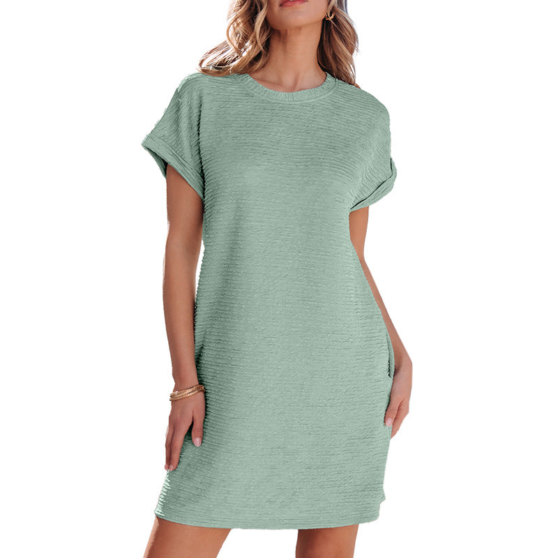 Women's casual dress with textured outer fabric and practical pockets, size S