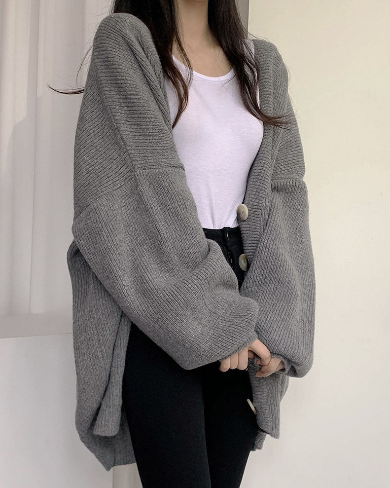 GR V-neck single-breasted loose lantern sleeve knit cardigan