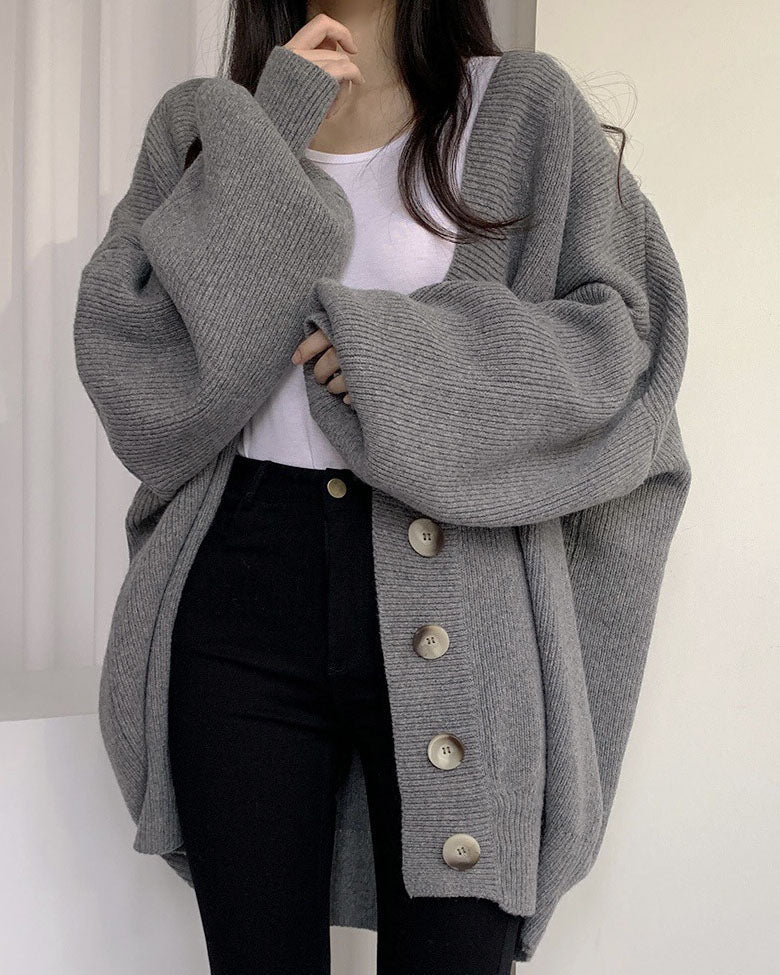 GR V-neck single-breasted loose lantern sleeve knit cardigan