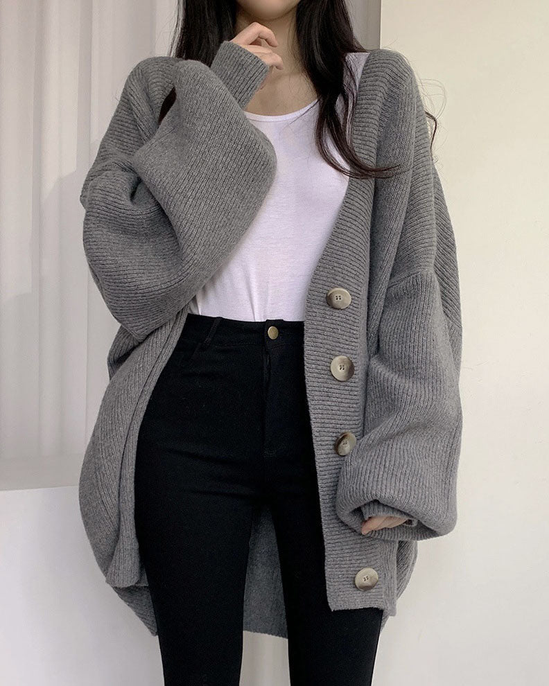 GR V-neck single-breasted loose lantern sleeve knit cardigan