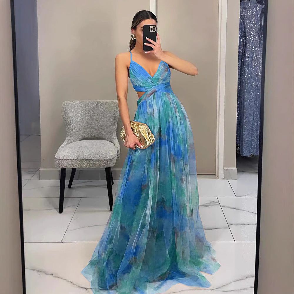 GR | Herrliches Langes Kleid aus Bedrucktem Tüll mit Floralem Bootsausschnitt, Schlitzseite, Ärmellos, Elegant, Vintage, Abendkleid für Frauen