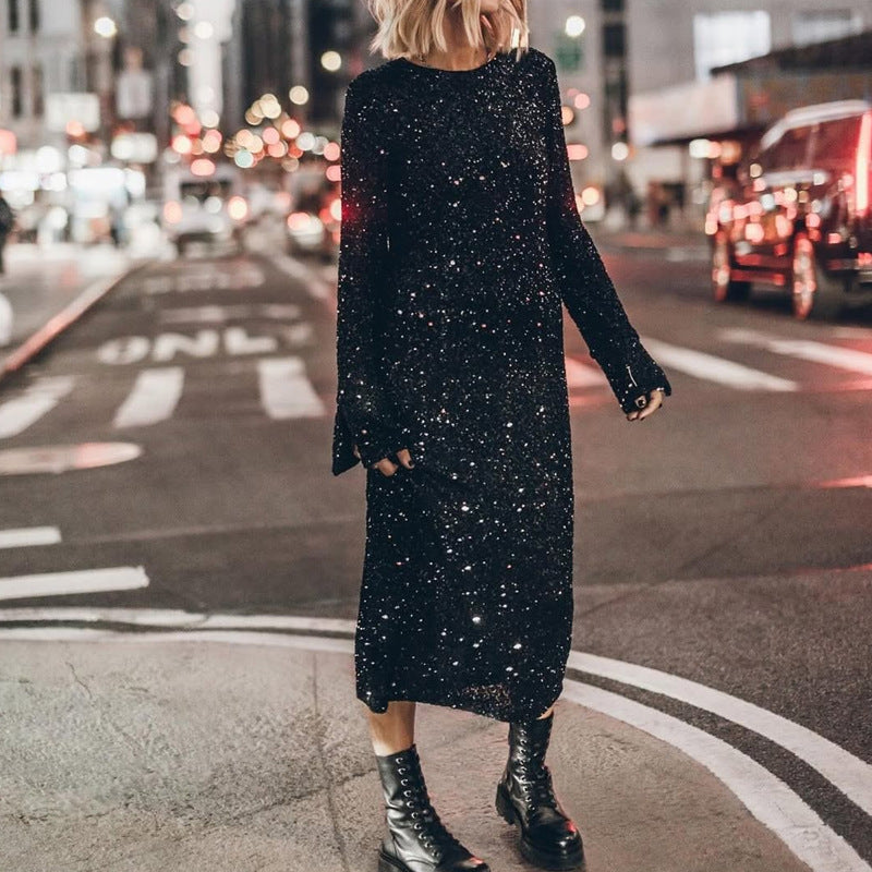 Damen Glitzerndes Midikleid mit elegantem Rundhalsausschnitt und figurschmeichelndem Schnitt GR