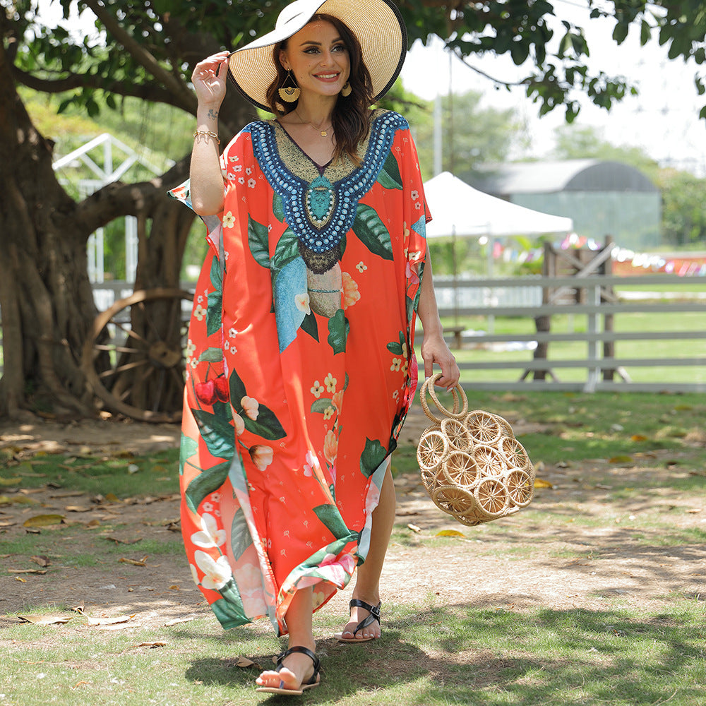 Women's beach kaftan with artistic floral pattern and decorative pearl embellishment, size GR