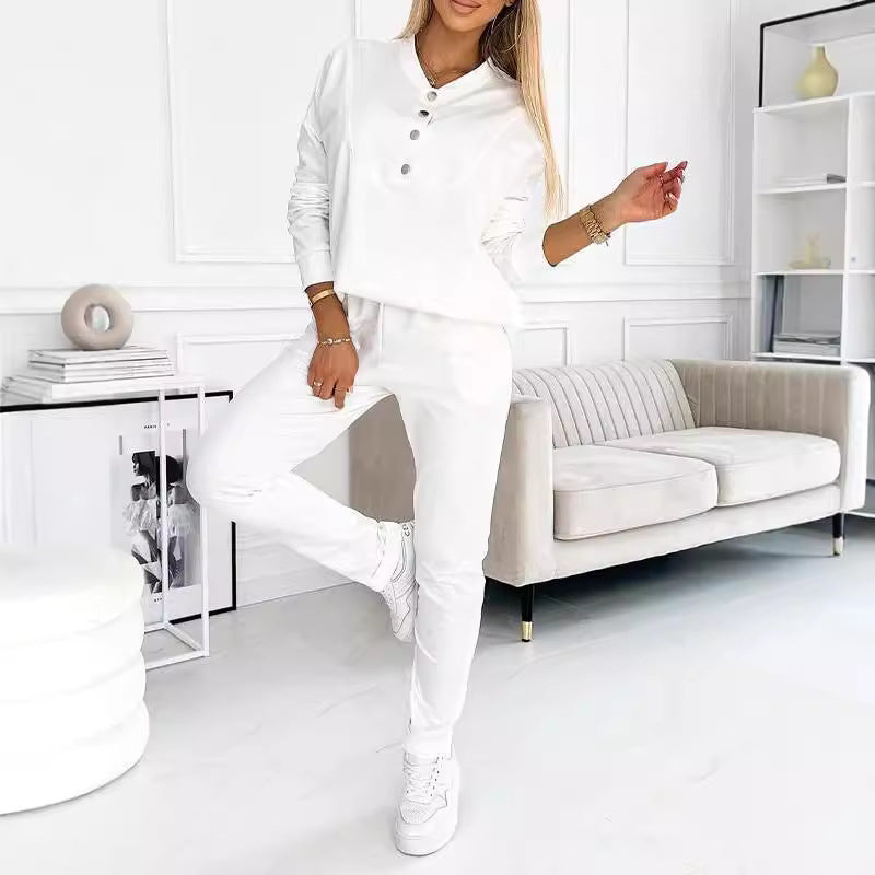 Women's casual jumpsuit with asymmetrical neckline and button details