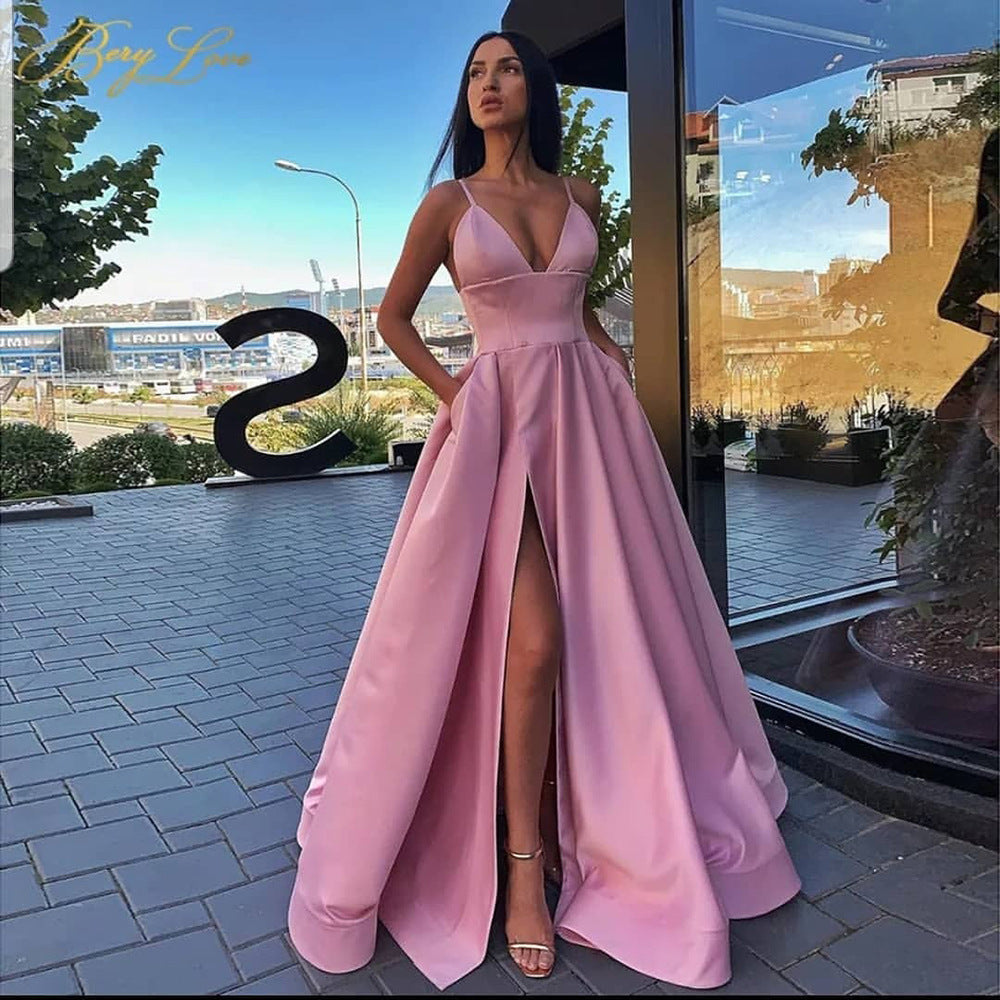 Women's evening dress with a daring leg slit and elegant V-neck, size [size missing]