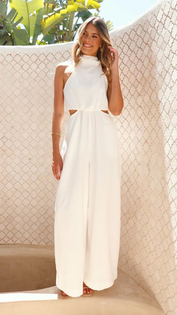 Women's elegant jumpsuit with high collar and cut-out details, size