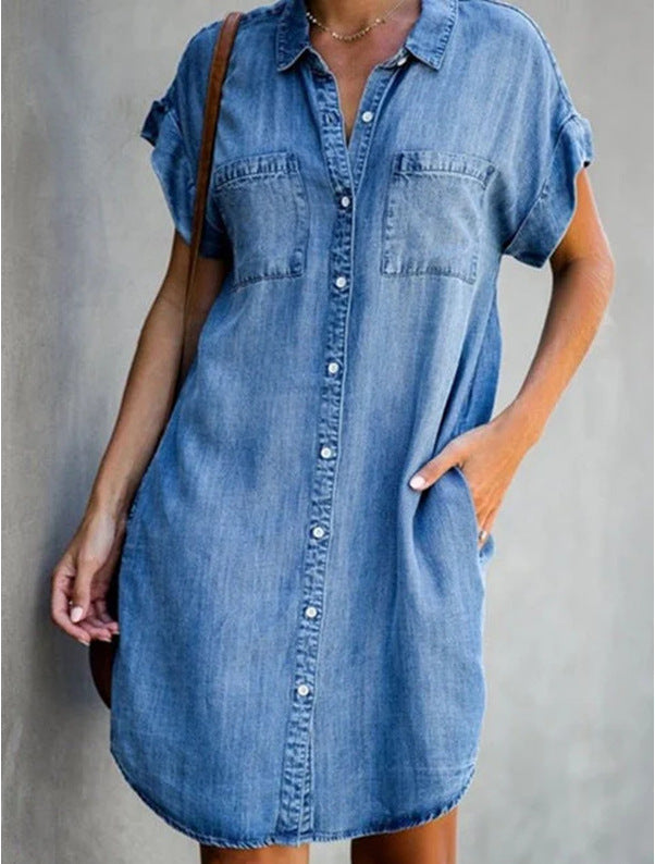 Women's denim shirt dress with two patch pockets and button placket, size