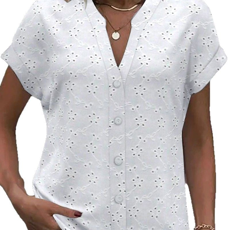 Women's airy blouse with floral eyelet embroidery and full button placket, size S