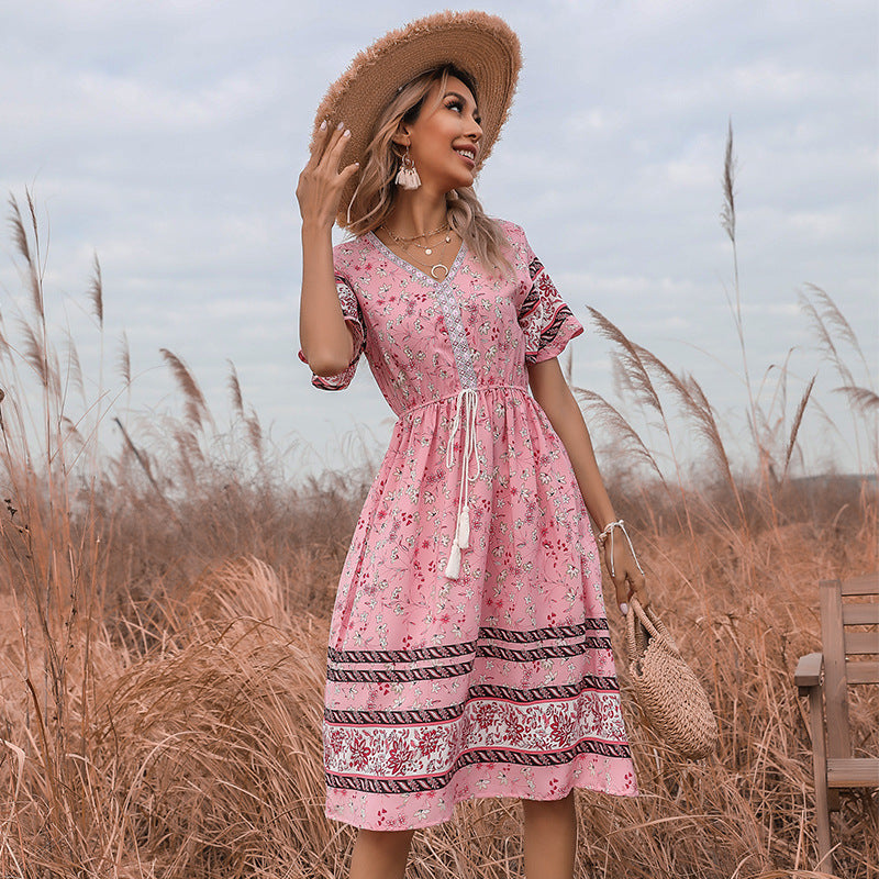 Damen Boho-Style Kleider mit Stickdetails und Taillenzugbund GR