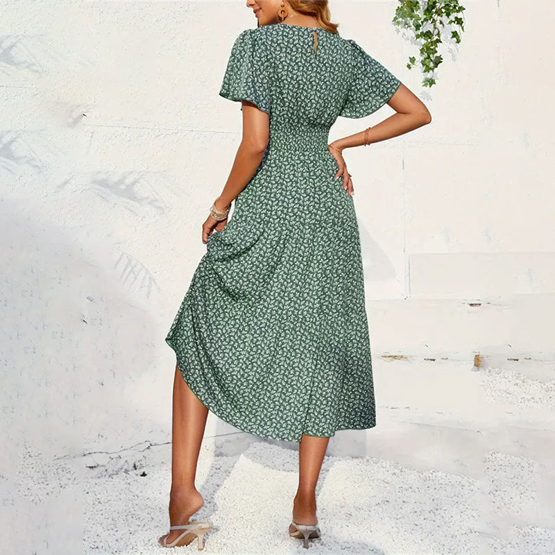 Women's midi dress with voluminous sleeves and flowing skirt, size S