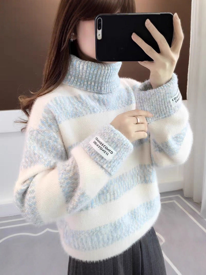 GR | Gestreifter Rollkragen Strickpullover Für Frauen