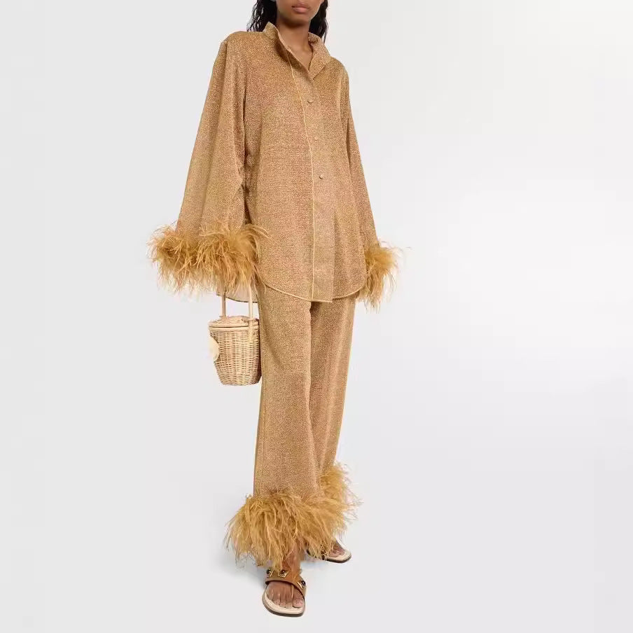 GR | Autumn Winter Feather Stand-up Collar Long Sleeve Top and Trousers Set 