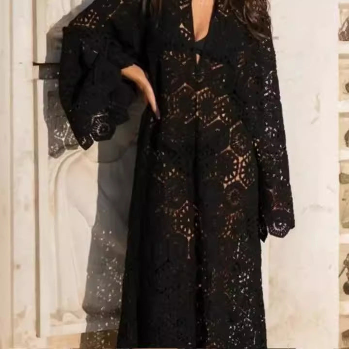Women's airy crochet dress with wide sleeves, size