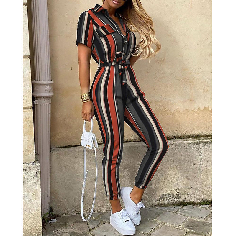 Women's figure-hugging short jumpsuit with button placket and adjustable belt, size S