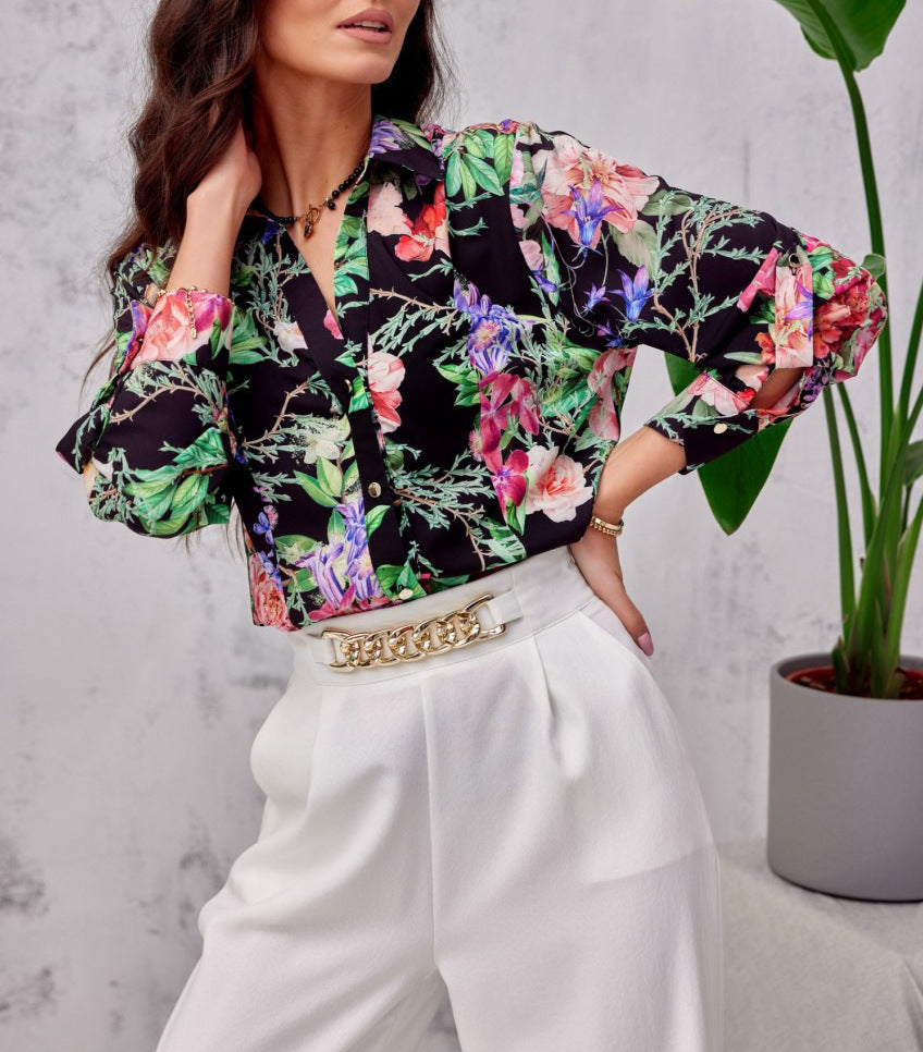 GR | Floral button-front long-sleeved top/shirt