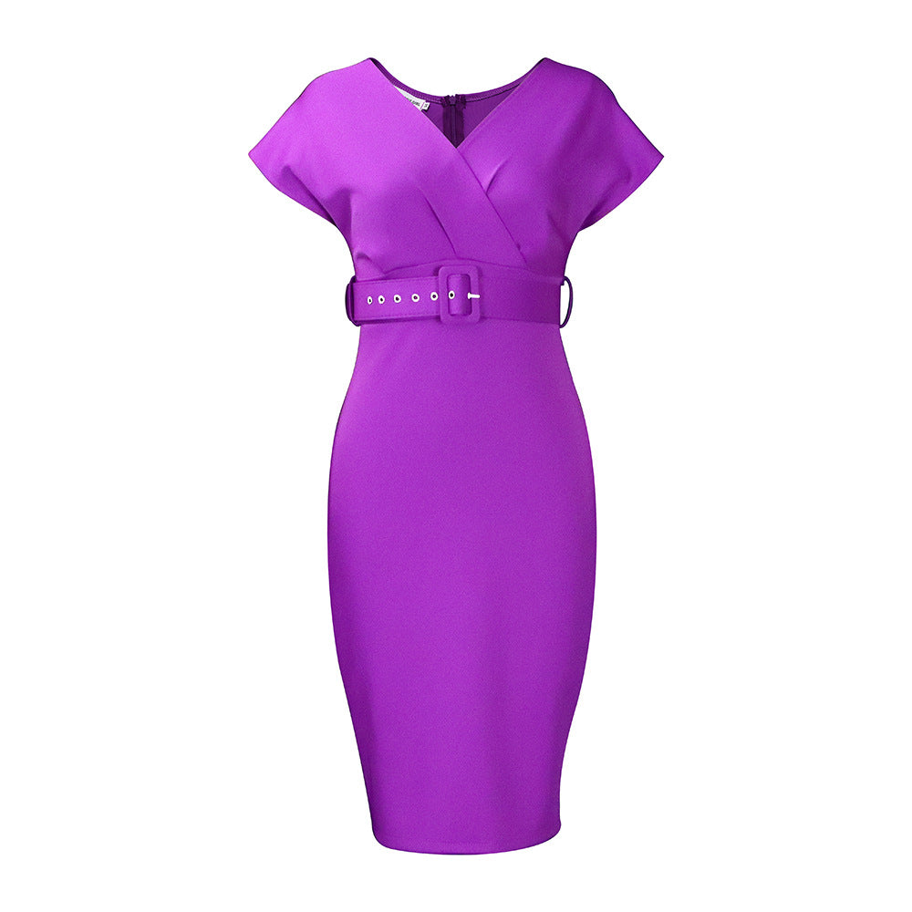 GR | Damen V-Ausschnitt Figurbetontes Midi Kleid mit Gürtel
