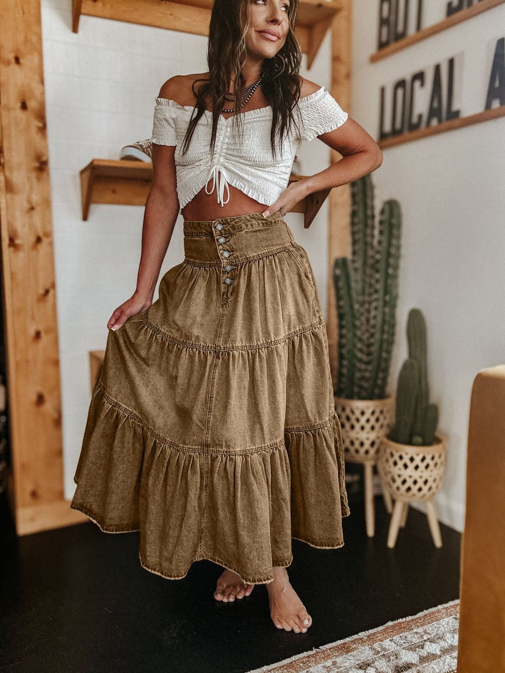 Damen Baumwollrock mit voluminösem Stufen-Design und modischem Knopfdetail GR
