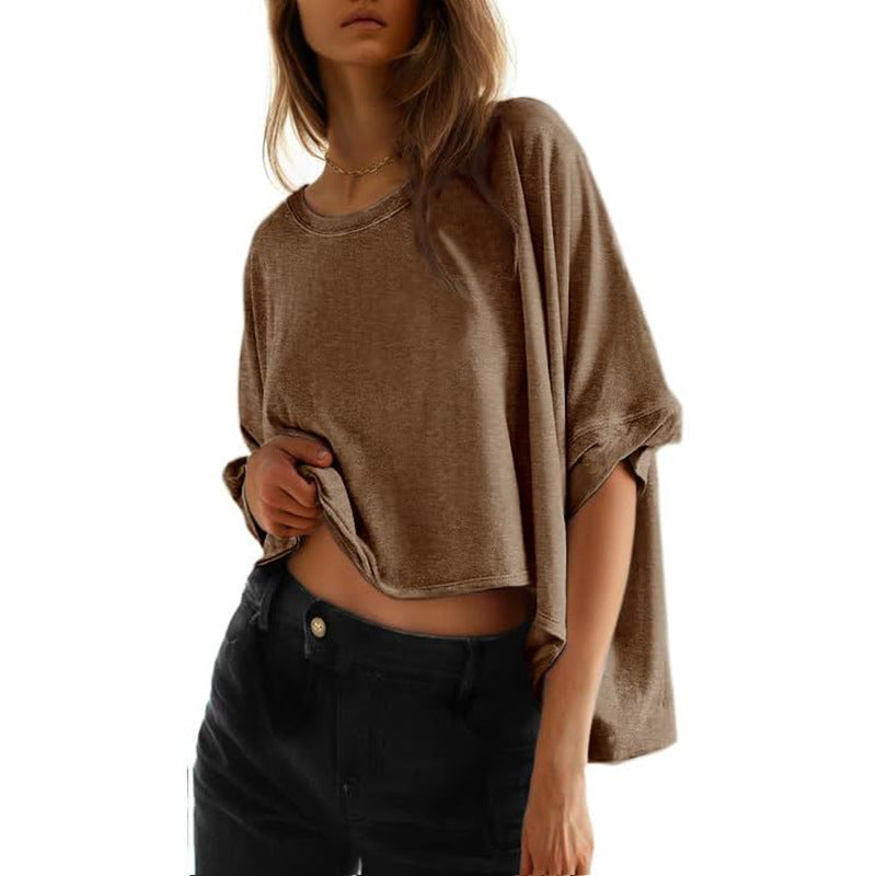 Women's casual cropped top with wide sleeves and round neckline, size