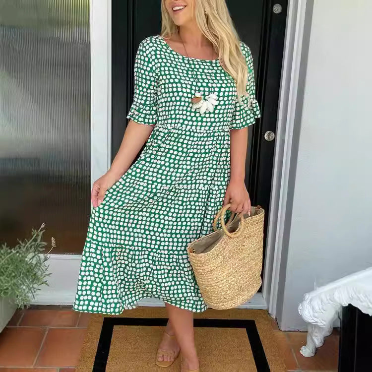 GR | Sommer Rundhals Bedrucktes Kurzarmkleid