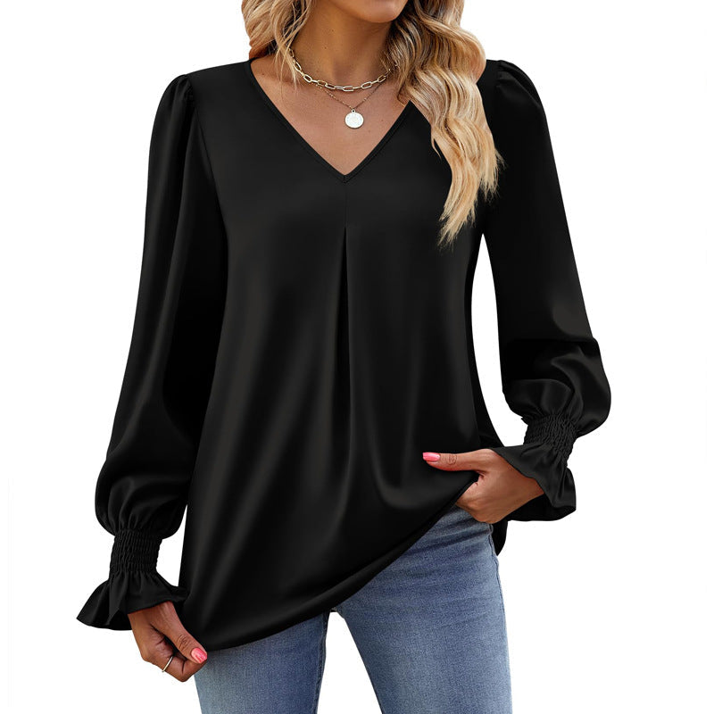 GR | Solid color V-neck top with puff sleeves and long sleeves