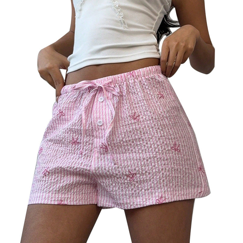 Damen kurze Schlafshorts mit niedlichem Streifenmuster und dekorativer Stickerei GR
