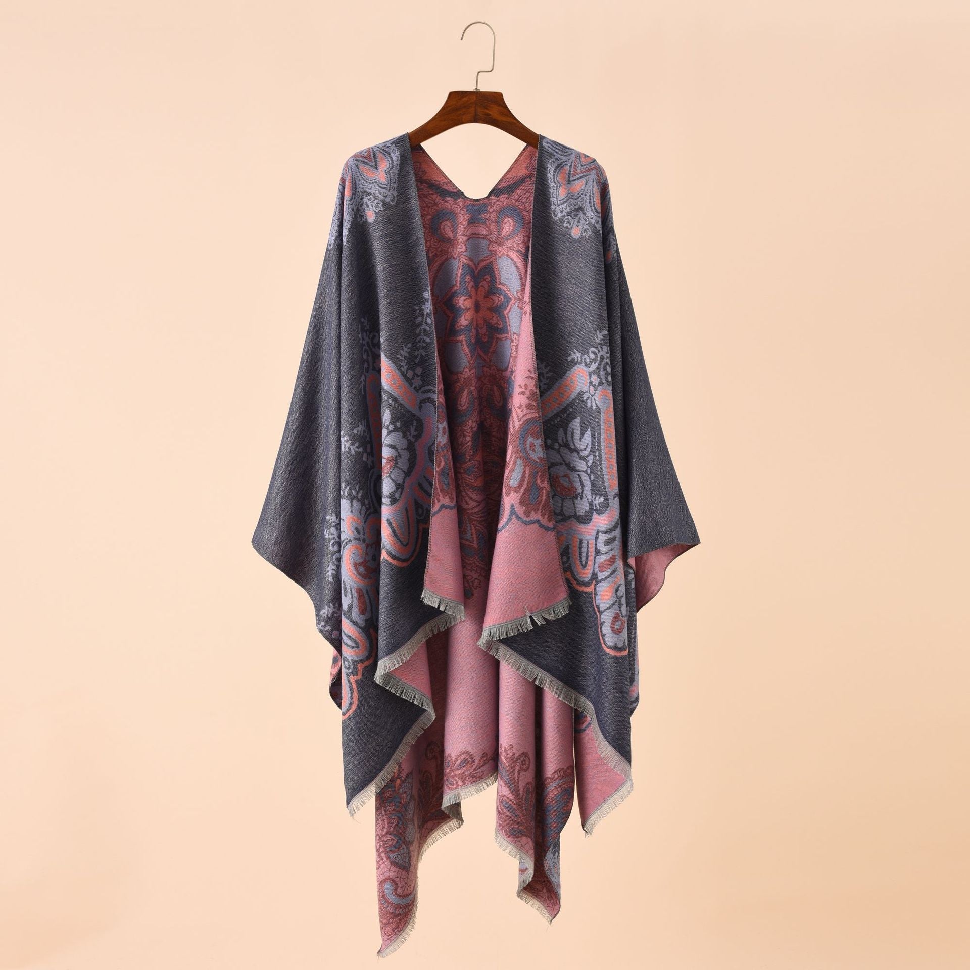 Women's Elegant Kimono Poncho with Artful Pattern and Fringed Edges GR