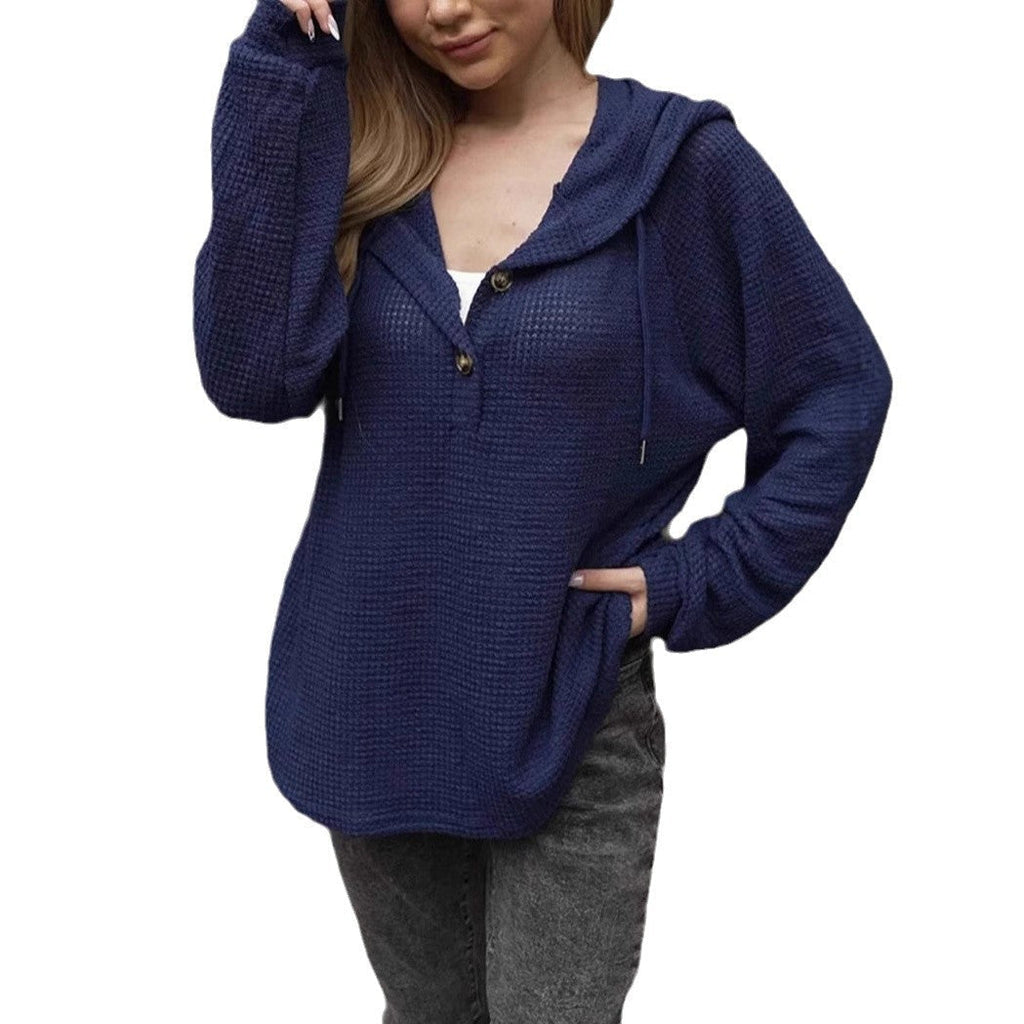 GR | Einfarbiger Knopf Zugband Lockere Lange Ärmel Hoodie