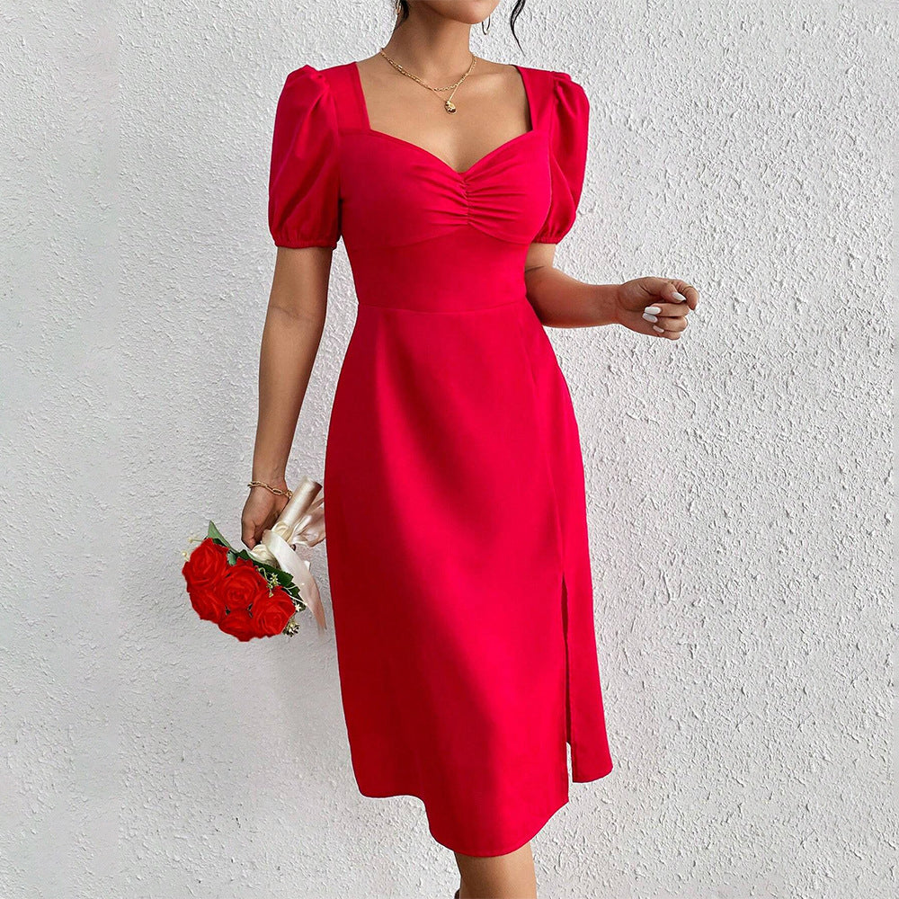 Women's midi dress with puff sleeves and sophisticated ruffle detail, size GR