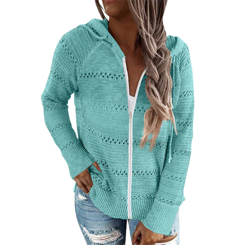 Women's casual cardigan with hood and decorative openwork pattern, size